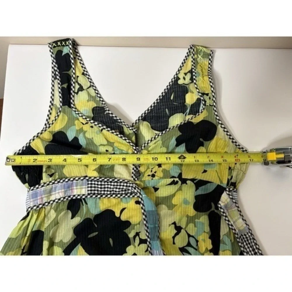 Free People Floral Patchwork Tunic‎ Top Lime Green Navy V-Neck Sleeveless Size 4